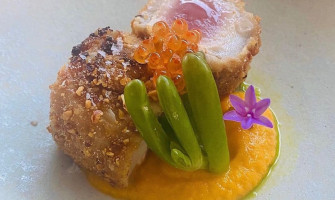 Macadamia crusted Tuna, pickled karkalla, carrot coulis & smoked salmon pearls.