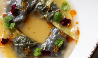 Japanese Scallops, King Prawn wontons, supreme broth and trout roe